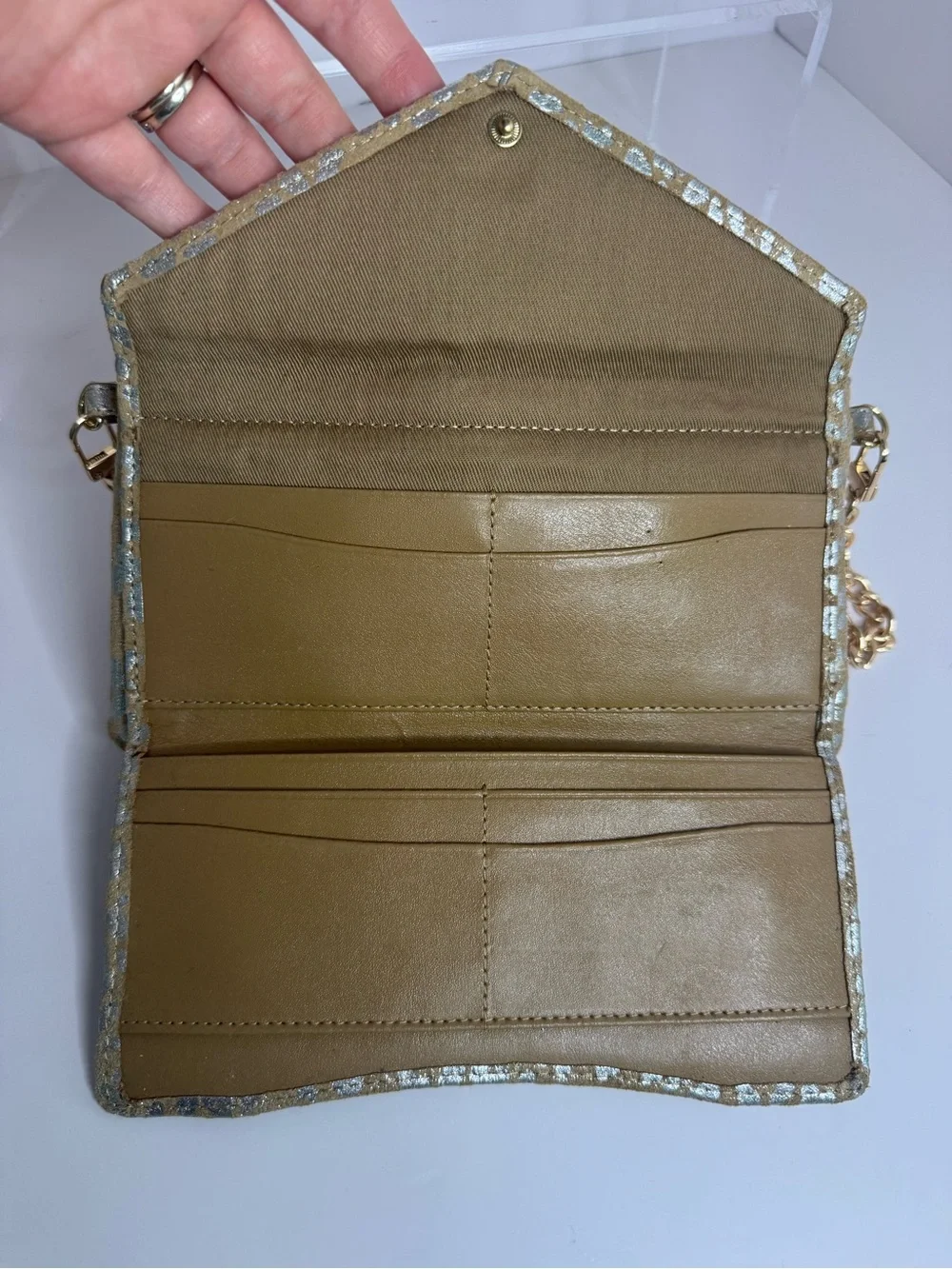 #426 Lodis Small Silver Metallic Leather & Suede Leopard Print Clutch Shoulder